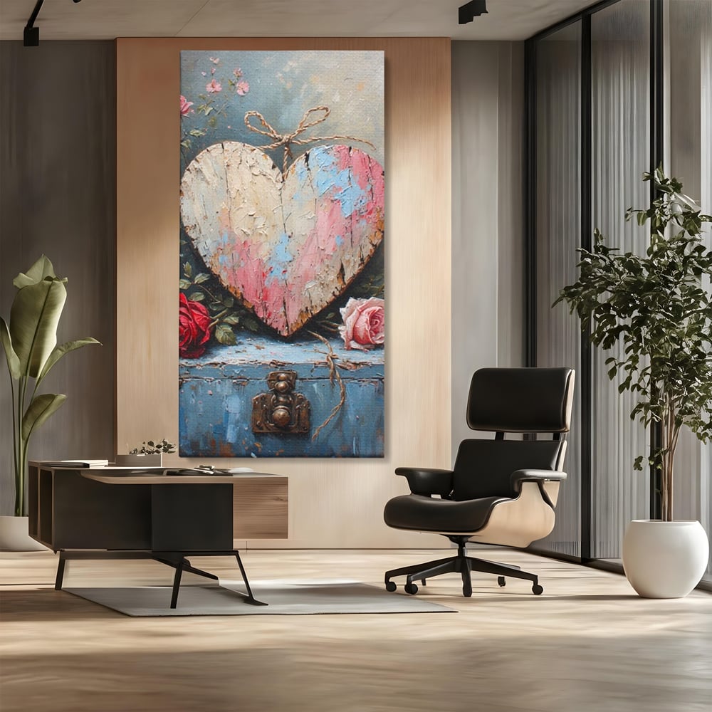 Tablou canvas cu tablou canvas cu inima din lemn si flori, fara rama, pe sasiu de lemn, pe perete intr-un birou